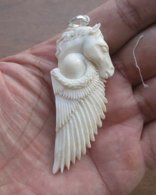 Pegasus In Buffalo Bone,  Bali Carving Pendant W Silver Bale 02190518