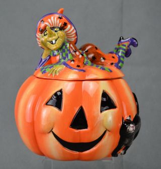 Fitz And Floyd Witch Hazel Halloween Cookie Jar Pumpkin Black Cat Jack O Lantern