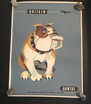 Australia’s Round The World Airline Qantas “britain” Poster Vintage