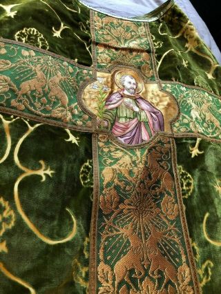 Gorgeous Rare Antique Catholic Priests Green Fiddleback Chasuble W/ St.  Joseph