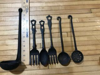 Vintage Antique Cast Iron Utensil Chuck Wagon Cooking Set,  Fork,  Spoon,  Ladle