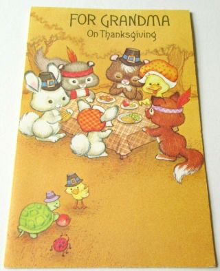 Vintage Thanksgiving Card Cute Critter Pilgrims And Indians Fox Bunny