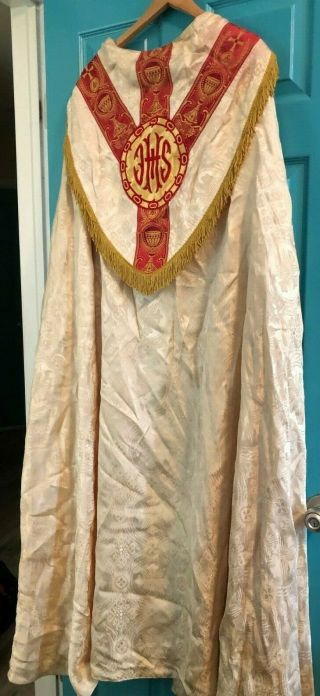 Gorgeous Vintage Catholic Priests Bishops Ivory Brocade Red & Gold Cope Vestment