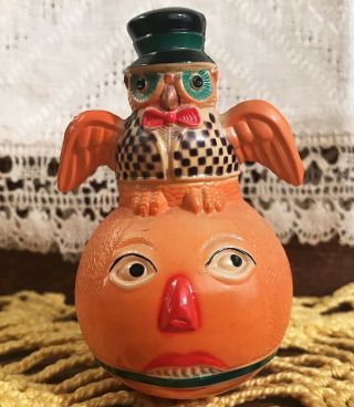 Rare Near Vintage Halloween Celluloid Viscoloid Owl & Jol Roly Poly Toy 20s