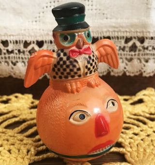 RARE NEAR Vintage Halloween Celluloid Viscoloid Owl & JOL Roly Poly Toy 20s 2