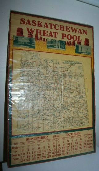 Antique 1944 Saskatchewan Wheat Pool Elevator Map Calendar Ww2 Grain Farm