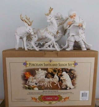 2001 Grandeur Noel Porcelain 10 1/2” Santa & Sleigh Set Reindeer Collector’s Set