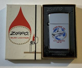1968 Slim Vietnam Zippo - Uss Forrestal 2 Sided Factory Engraved Mib