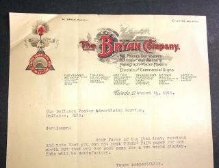 Bryan Bill Poster Manufacturer Toledo Ohio Color Letterhead 1914 Anderegg