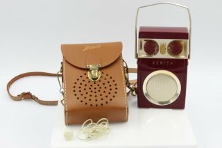 Vintage Maroon Zenith Royal 500 Owl Eyes Transistor Radio W/ Accessories 6285