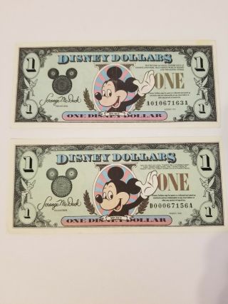 1991 $1 Mickey - A01067163a - 1998 $1 Mickey - D00067156a Disney Dollar