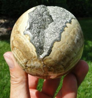 Hand Carved Xl 3 " Barite - Marcasite Sphere Ball - Poland,  Lubin Mine - Rare