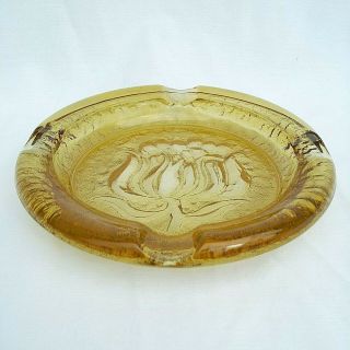Amber Glass Ashtray Cigar Cigarette 8 " Round Textured Floral Base