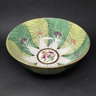 Japanese Porcelain Ware Green Bowl Hand Decorated Hong Kong ACF Leaves Moths 2