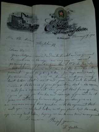 1906 Letter Letterhead El Paso Brewing Association Texas