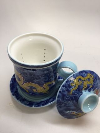 Chinese Office Blue Dragon Office Ceramic Tea Cup with a Strainer - 10 oz. 2