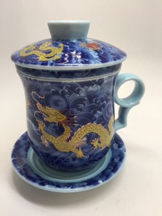 Chinese Office Blue Dragon Office Ceramic Tea Cup with a Strainer - 10 oz. 4