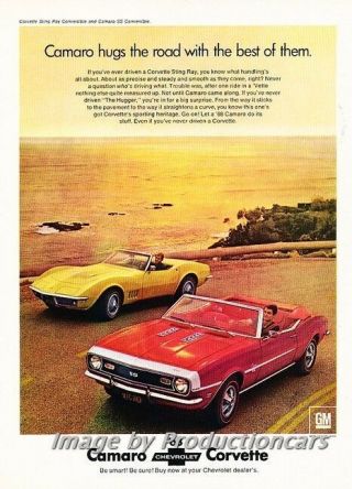 1968 Chevrolet Corvette Camaro Ss Vintage Advertisement Print Art Car Ad J706