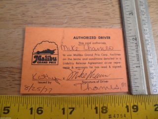 1977 Malibu Grand Prix Go Cart Racing Track Authorized Driver License Ca
