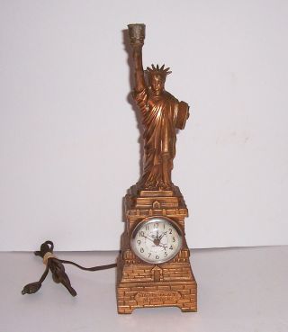 Vintage Antique Statue Of Liberty Nyc Bronze Plated Clock Lamp Combo
