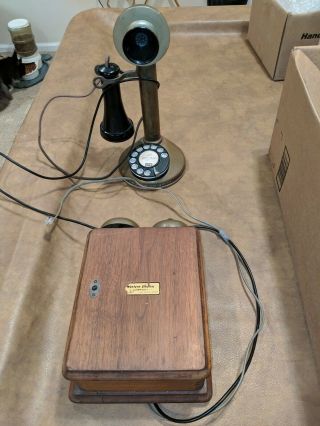 Vintage Oak And Brass Candlestick Telephone With Wall Ringer Box