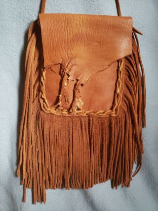 Handmade Saddle Brown Leather Deerskin Leather Pouch Bag Fringe No Beads