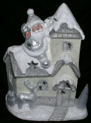 Christmas Village Giant House Glitter Flocked W Santa Light Silver White