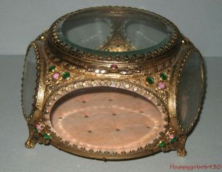 Vintage Gold Filigree Metal & Bevled Glass Large 5 Sided Jewelry Or Trinket Box