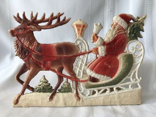 Antique Germany Christmas Die Cut Embossed Santa Sleigh Reindeer Stand Up Card