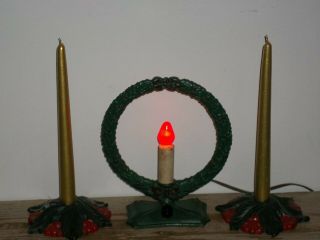 Antique Cast Iron Holly Wreath Christmas Light W Matching Candle Holders