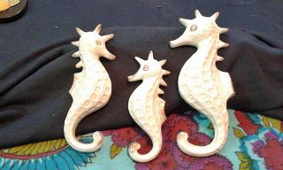 3 Vintage White & Gold Seahorses Ceramic Wall Plaques :rhinestone Eyes.