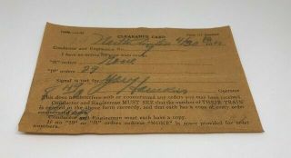 Vintage 1924 Cleanance Card For Conductor And Engineer