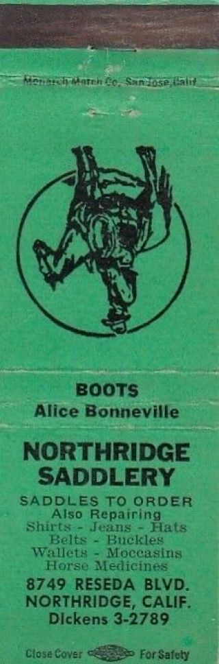 Northridge Saddlery Alice Bonneville Boots California Ca Vintage Matchcover