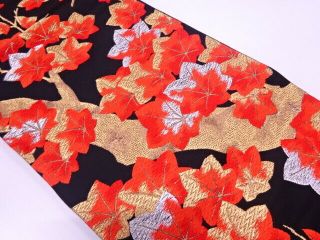 86806 Japanese Kimono / Vintage Fukuro Obi / Woven Maple Leaves