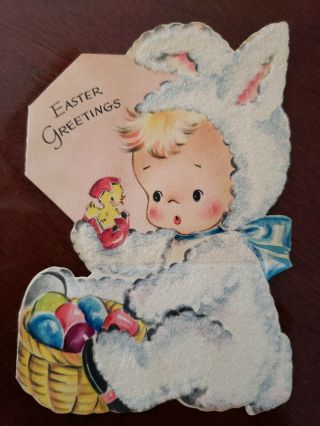 Vtg Hallmark Easter Greeting Card Diecut Bunny Costume Flocked Baby Chick 40s