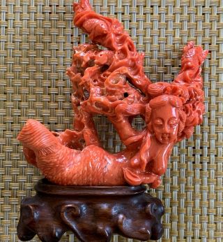 Beautifully Carved Coral Of An Asian Mermaid Figure