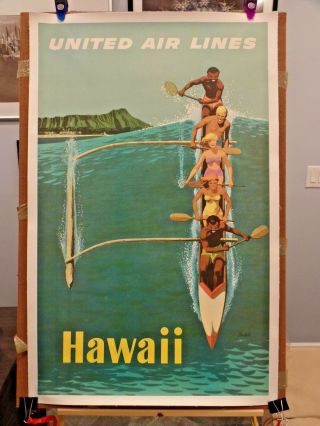 United Airlines Poster To Hawaii Stan Galli Outrigger Mounted On Linen