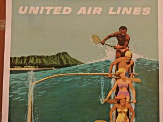 UNITED AIRLINES POSTER TO HAWAII STAN GALLI OUTRIGGER MOUNTED ON LINEN 3