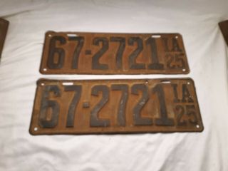 Vintage Iowa 1925 License Plates Tags Paint Car Matching Pair 67 - 2721