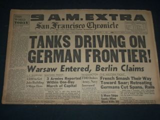 1939 Sept 9 San Francisco Chronicle - Tanks Driving On German Frontier - Np 3647