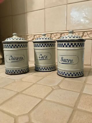 Antique 3 Piece French Enamelware Canisters