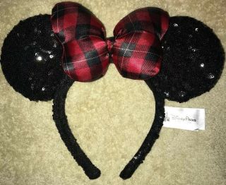 Disney Parks Minnie Mouse Plaid Bow Christmas Holiday Sequined Ear Headband 2017