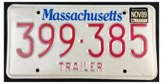 Massachusetts 1989 Trailer License Plate 399 - 385