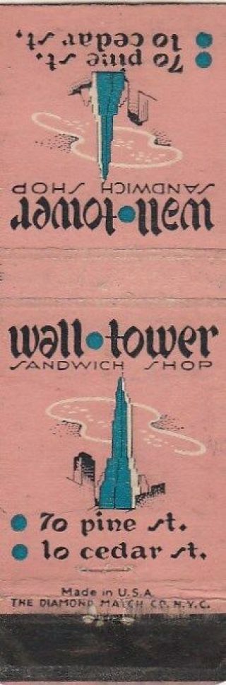 Wall Tower Sandwich Shop York City Nyc Ny Vintage Matchcover