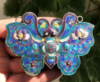 Huge Old Chinese Qing Dynasty Silver Multi Color Enamel Butterfly Pendant 3 3/8 "