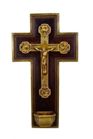 French Antique Wood Marquetry Wall Holy Water Font Benitier Crucifix