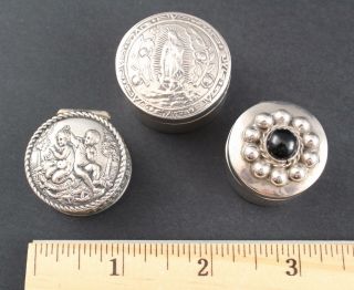 3 Small Antique Mexican Sterling & German 800 Silver,  Round Trinket Pill Boxes