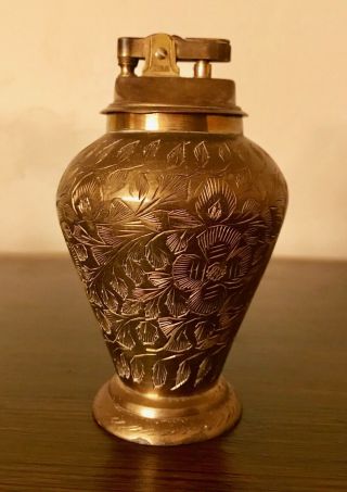 Vintage Brass Table Lighter From India Etched Leaves Flowers Cigarette 4.  5” Tall