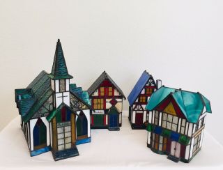 Traditions Stained Glass Village 4 Piece Set Light Up Church Houses 5.  5 " - 11 "