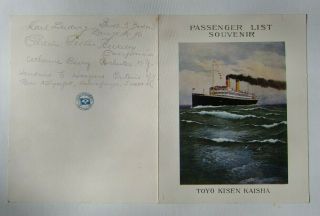 Vintage 1926 Toyo Kisen Kaisha Ss Tenyo Maru Souvenir Passenger List & Signs